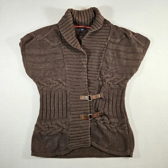 Tommy Hilfiger Sweater Vest Cable Knit Wrap Leather Buckles Women's Large Brown - Picture 2 of 7